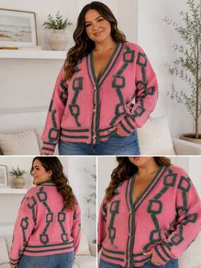 3XL
Pink and Green Geometric Pattern Button-Front Knit Cardigan
